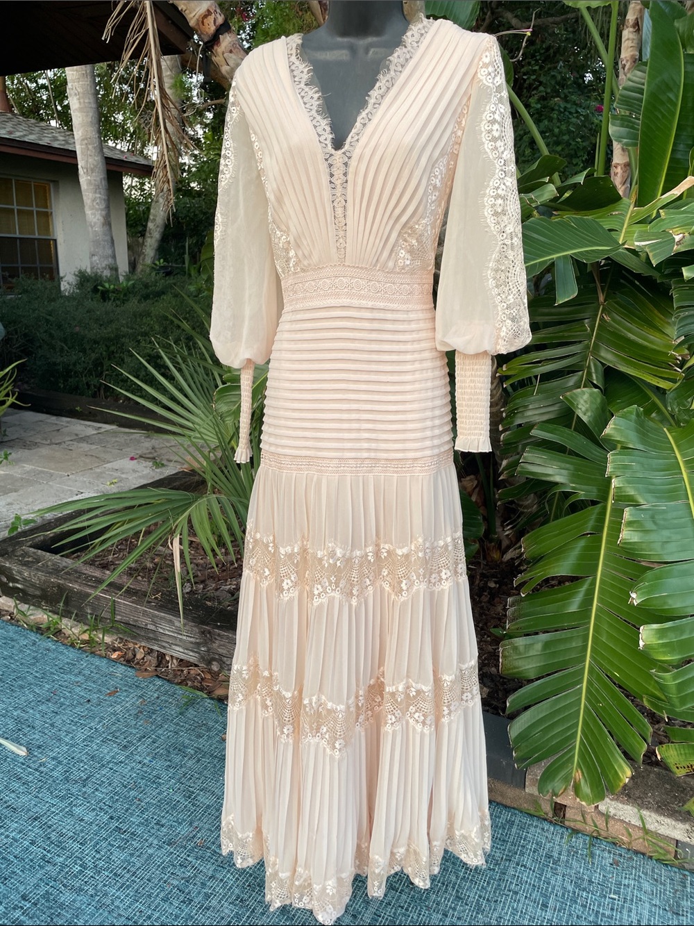 Pink lace drop waste pleaded maxi dress